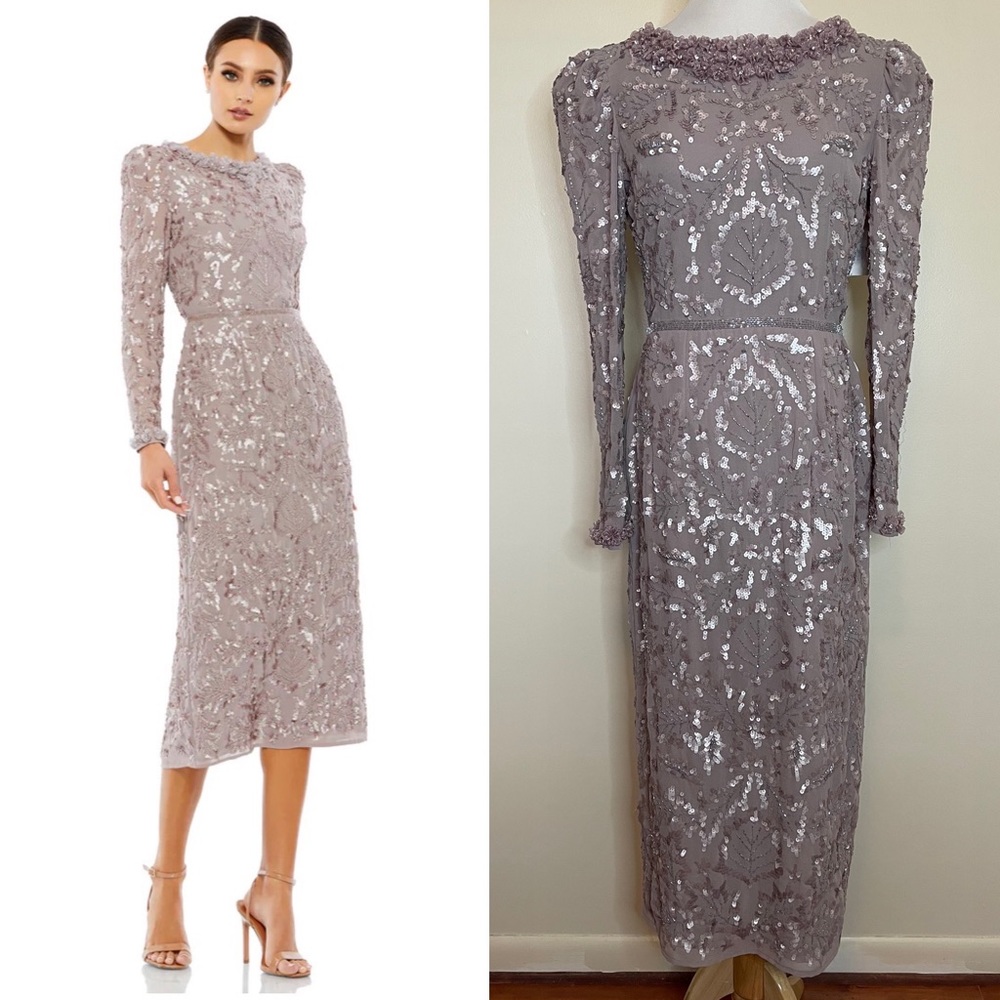 Mac Duggal Embellished High Neck Puff Sleeve Midi Dress Mauve Sequin Size 6